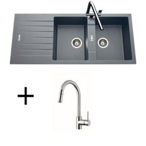 Lot évier granit gris 2 bacs ALBEY + Mitigeur CRBMD014