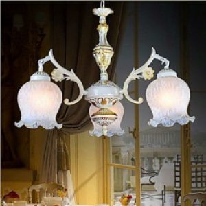 Lustre en Métal Bronze et Beige à 3 lumières en Verre