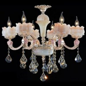 Lustre en Métal et Cristal décoré par 6 lumières en Verre Beiges