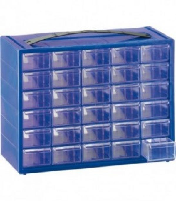 Magasin a petits compartiments bleu avec 30 tiroirs l365mm, h270mm, p150mm