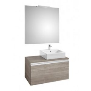 Meuble Heima Frene 2 tiroirs asymétrique  900 mm droite pour 1 vasque à poser + miroir + applique -…