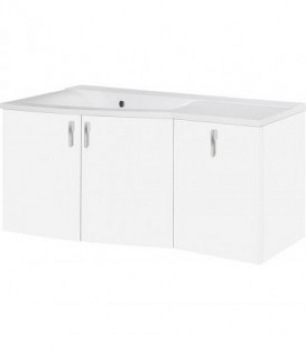 Meuble + vasque fonte minerale EBAMO blanc brillant – égouttoir à droite 1060x526x370/510mm, 3 portes