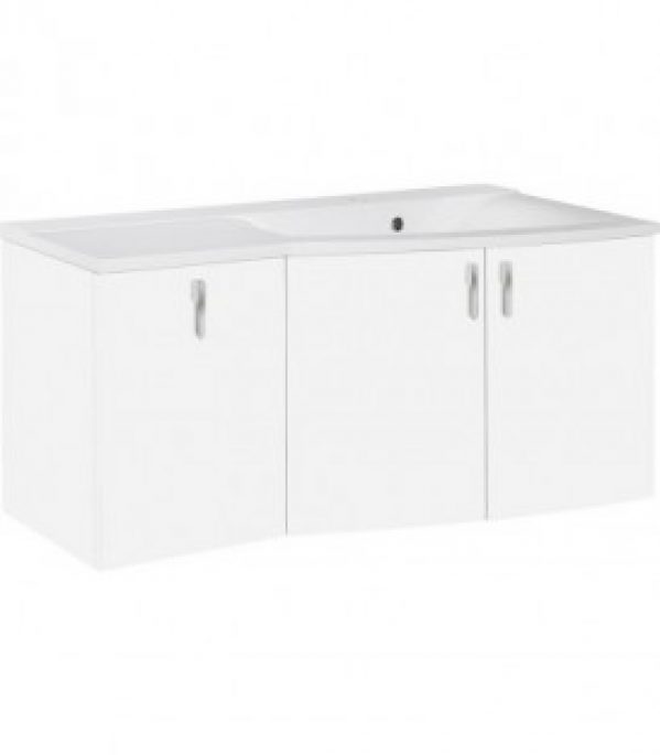 Meuble + vasque fonte minerale EBAMO blanc brillant – égouttoir à gauche 1060x526x370/510mm. 3 portes