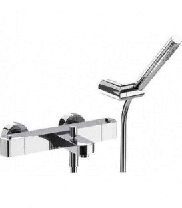 Mitigeur thermostatique bain/douche chromé, set à poser DOKOS, douchette SAillie 195 mm