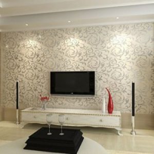 Papier peint contemporain intissé pour revêtement mural avec motif en feuilles d’arbre damassées