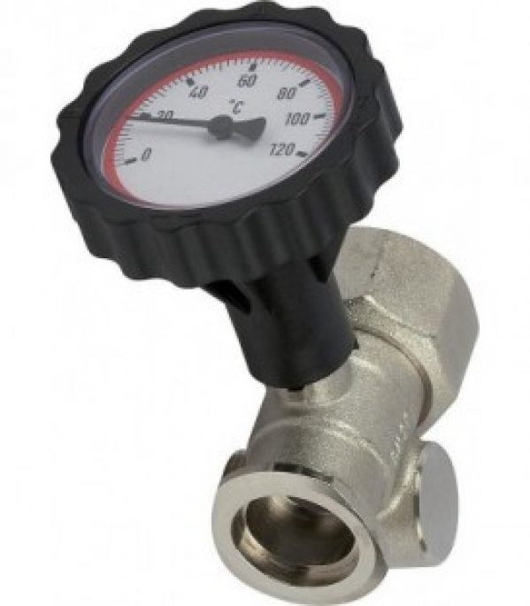 Robinet a boi.sph brid. Pomp. 3 voies arrivee, avec poignee thermometre rouge nickele sans frein