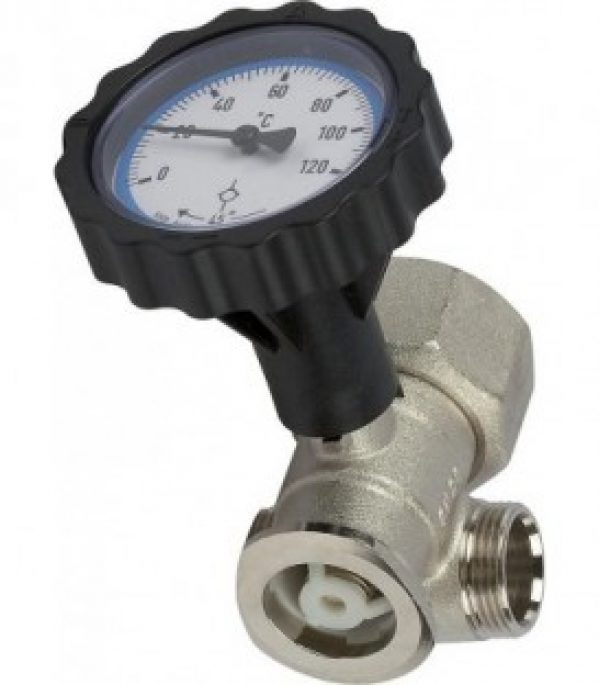 Robinet a boi.sph brid. Pomp. 4 voies arrivee, avec poignee thermometre bleu nickele avec frein