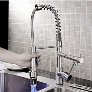 Robinet de cuisine gigogne (deux becs), style contemporain fini nickel brossé