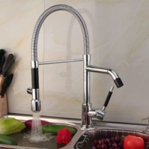 Robinet de cuisine gigogne à deux conduit d’eau avec changement de couleur LED, finition en métal chromé