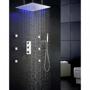 Robinet de douche 20″ à monter au plafond, fonction thermostat, LED, précipitations