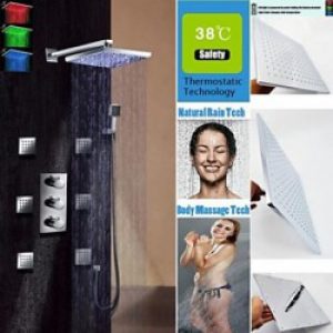 Robinet de douche thermostatique avec douchette de pluie 12″, pommeau de douche et 6 jets d’eau pulvérisant en chromé