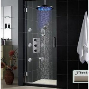 Robinet de douche thermostatique avec douchette de pluie ronde à LED, pommeau de douche et jets d’eau massant