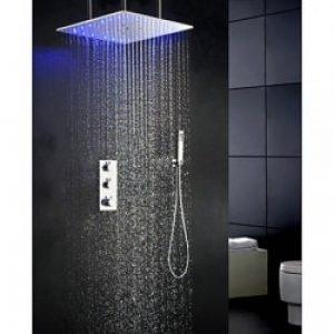 Robinet de douche thermostatique avec jet de pluie à LED, pommeau de douche et jets d’eau massant