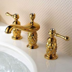 Robinet de lavabo avec mélangeur et muni de deux poignées, design antique et finition en laiton (Ti-PVD)