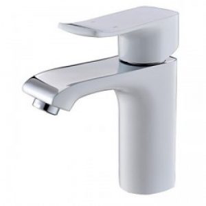 Robinet de lavabo blanc design contemporain et muni d’un mitigeur (poignée unique)