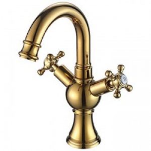 Robinet de lavabo rotatif couleur or muni de deux poignées, style contemporain et finition chromée