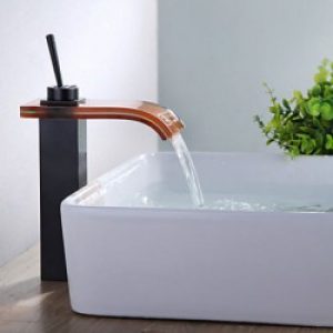 Robinet de lavabo style contemporain, avec bec en verre incurvé teint en orange
