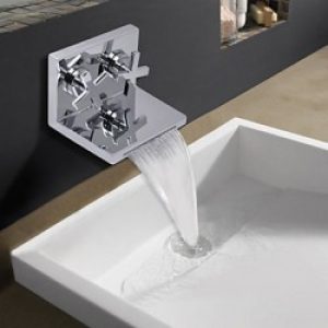 Robinet d&rsquo;évier cascade à deux poignées, style moderne en forme d&rsquo;étagère finition en chrome