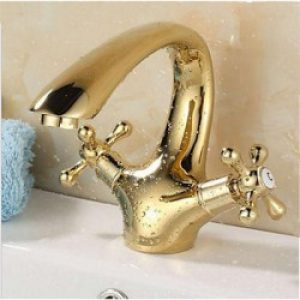 Robinet d&rsquo;évier couleur or à double poignée, finition en laiton pour un style contemporain