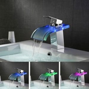 Robinet d&rsquo;évier LED avec bec en verre incurvé, finition chromée