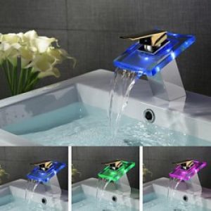 Robinet d&rsquo;évier LED poignée unique dorée avec bec en verre, design contemporain