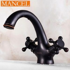 Robinet d&rsquo;évier peint en noir muni de deux poignées, finition en bronze huilé