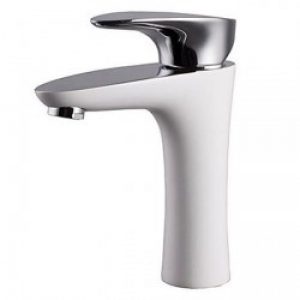 Robinet salle de bain avec poignée unique en chrome et le corps du robinet en céramique blanc