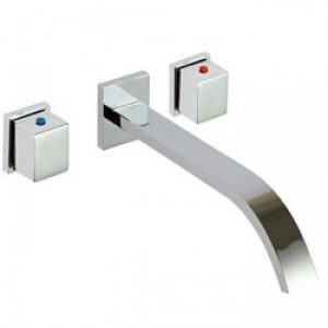 Robinet salle de bain à fixation murale muni de deux poignées, finition chromée pour un style contemporain