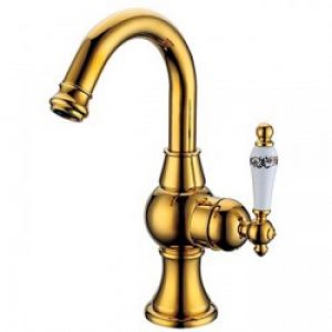 Robinet salle de bain rotatif de couleur dorée muni d’une poignée, finition en laiton