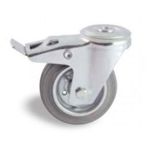 Roulette pivotante à frein sur oeil tole – bandage caoutchouc gris