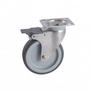 Roulette à platine inox pivotante à frein – bandage santoprène gris