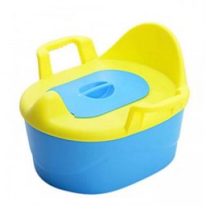 Siège de toilettes pour enfants en bleu et jaune avec un tapis de siège et une brosse