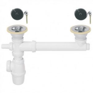 Siphon réglable et bondes à bouchon Ø60 pour évier 2 bacs – Wirquin Pro 30720440
