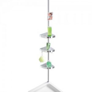 Étagère de douche télescopique angle 3 tablettes 2 crochets et miroir