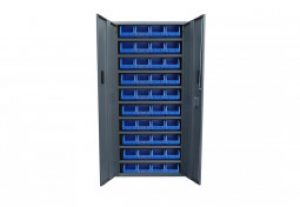 Armoire de Rangement Acier 2 Portes + 40 Bacs Bleus 4L 260x760x1600