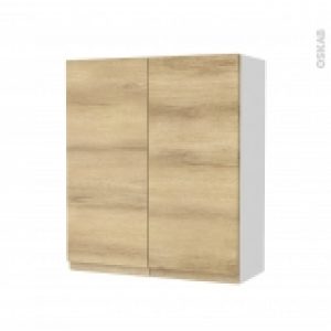 Armoire De Salle De Bains Rangement Haut Ipoma Chene Naturel 2 Portes Cotes Blancs L60 X H70 X P27 Cm