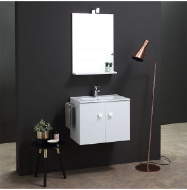 ARMOIRE DE TOILETTE 60 CM AVEC LAVABO, MIROIR ET LIGNE CARRÉE LUMINEUSE BLANCHE