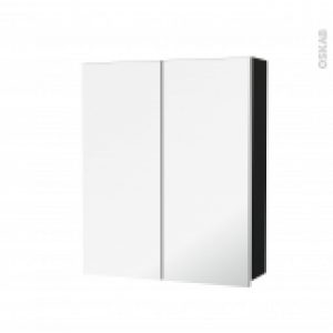 Armoire De Toilette Rangement Haut Ipoma Noir Mat 2 Portes Miroir Cotes Decors L60 X H70 X P17 Cm