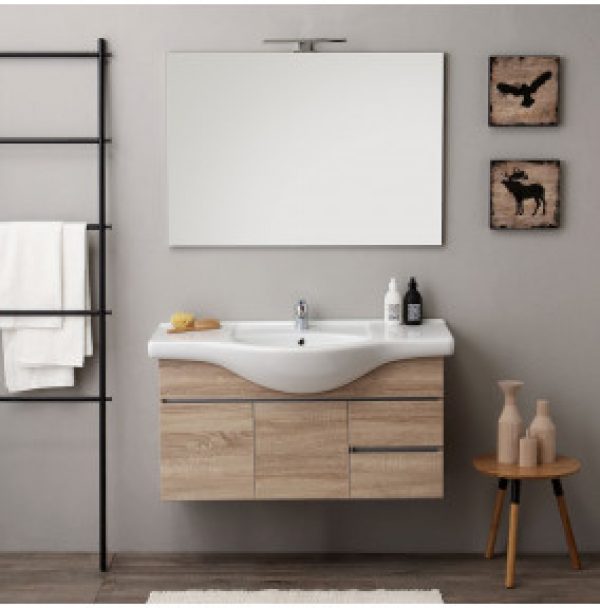 ARMOIRE DE TOILETTE SUSPENDUE AVEC 2 PORTES ET TIROIRS EN FINITION CHÊNE SILVIA