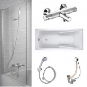 Baignoire acrylique Jacob Delafon, mitigeur bain douche mural, pare bain et accessoires