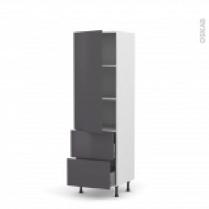 Colonne De Cuisine N2757 Armoire Etagere Ginko Gris 2 Tiroirs Casserolier L60 X H195 X P58 Cm