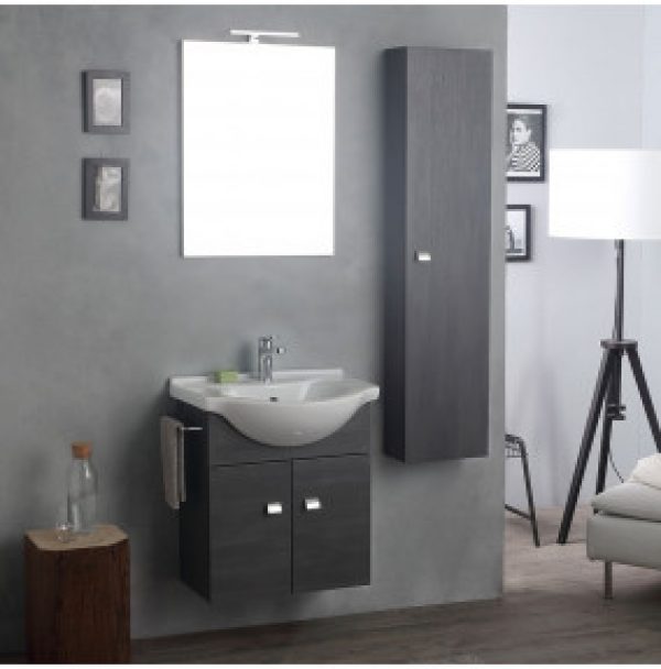 COMPOSITION LAVABO AVEC MIROIR ET LED CLAIR + COLONNE EN CHÊNE FONCÉ