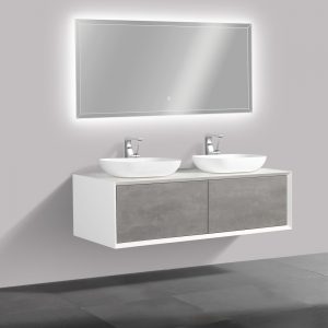 Ensemble de salle de bain en bois MDF Fiona 1400 blanc mat – Façade aspect béton  –  miroir et vasque en option