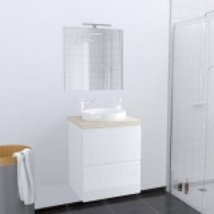 Ensemble Salle De Bains Meuble Ipoma Blanc Brillant Plan De Toilette Chene Clair Ikoro Vasque Ronde Miroir Et Eclairage L60 X H70 X P50 Cm