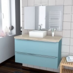 Ensemble Salle De Bains Meuble Keria Bleu Plan De Toilette Chene Clair Ikoro Vasque Carree Miroir Et Eclairage L100 X H57 X P50 Cm