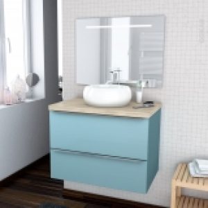 Ensemble Salle De Bains Meuble Keria Bleu Plan De Toilette Chene Clair Ikoro Vasque Ronde Miroir Lumineux L80 X H57 X P50 Cm