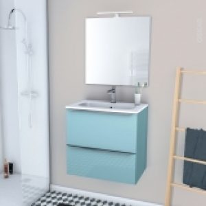 Ensemble Salle De Bains Meuble Keria Bleu Plan Vasque Resine Miroir Et Eclairage L605 X H585 X P405 Cm