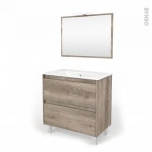 Ensemble Salle De Bains Meuble Tina Bois Plan Vasque Ceramique Miroir Et Eclairage L81 X P465 X H82 Cm