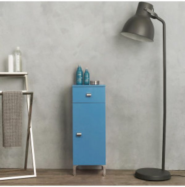 MEUBLE D’APPOINT 31,5X88 CM. AVEC PORTE ET TIROIR BLEU LUMIERE