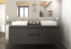 Meuble de Salle de Bain Double Vasque en Bois Gris + 2 Miroirs Cologne